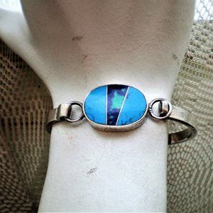 Taxco Mexico Sterling Silver Turquoise Azurite Lapis Inlay Bangle Bracelet